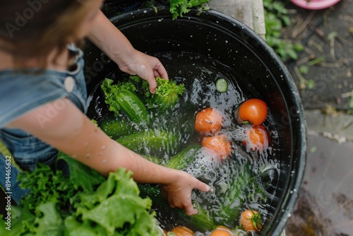 Hand Picked. Overhead View of Freshly Washed Vegetables in a Community Garden photo