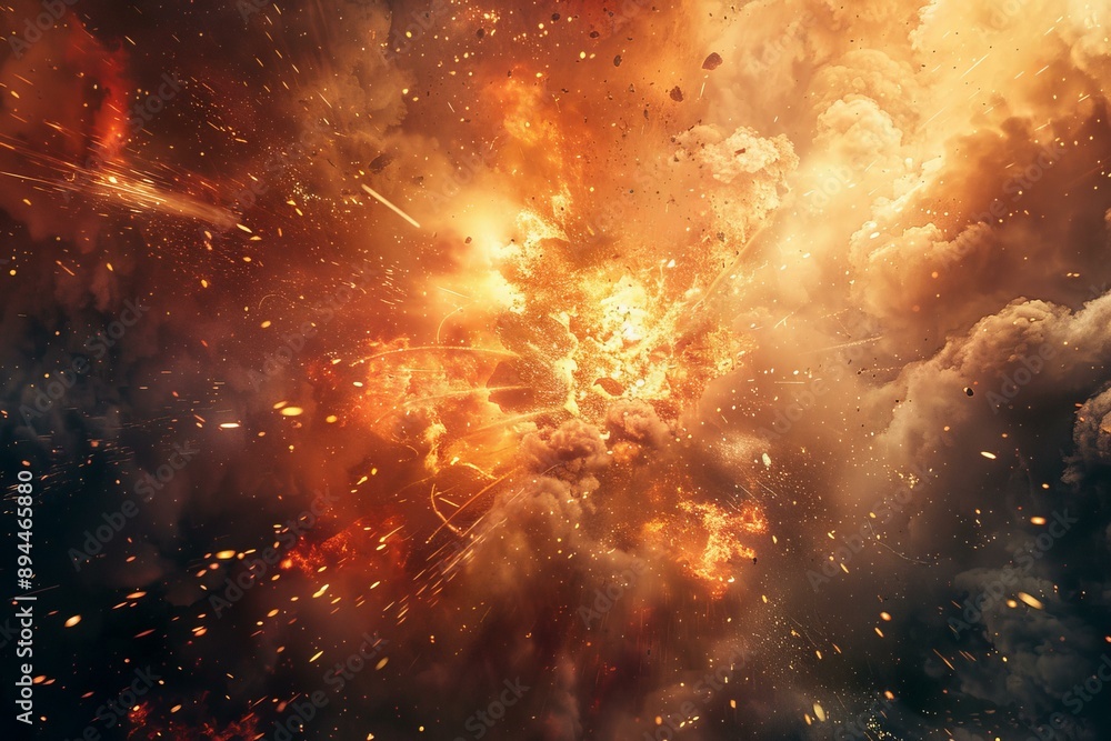 Naklejka premium Dramatic depiction of a massive explosion with intense flames and smoke clouds