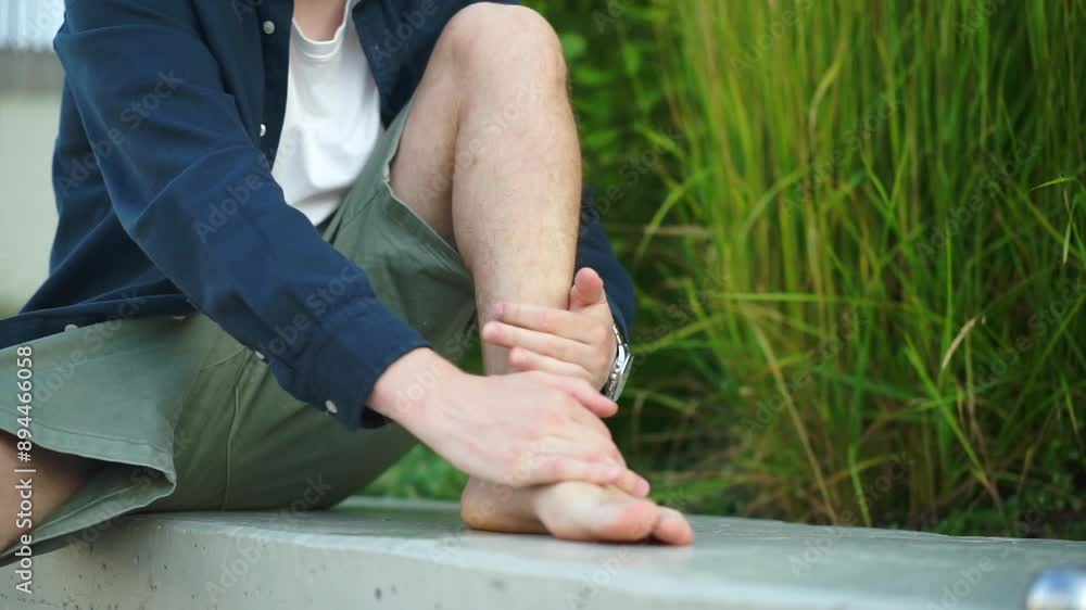 a young guy of about 25 rubs his leg on the street to relieve pain.
The guy's tired legs.
Leg injury.
Joint and muscle pain a young guy of about 25 rubs his leg on the street to relieve pain.
The guy's tired legs.
Leg injury.
Joint and muscle pain
