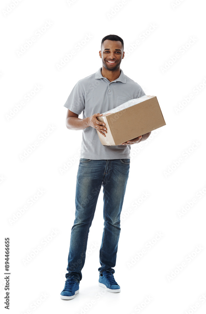 Box, delivery and portrait with courier man in studio isolated on white background for commercial logistics. Ecommerce, package and smile or post office employee with parcel for online shopping Box, delivery and portrait with courier man in studio isolated on white background for commercial logistics. Ecommerce, package and smile or post office employee with parcel for online shopping