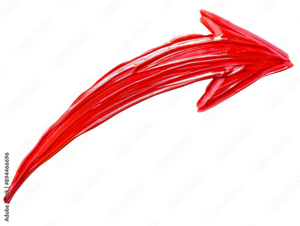 A bright red, upward-curving arrow painted with broad brush strokes on a white background, indicating movement or direction A bright red, upward-curving arrow painted with broad brush strokes on a white background, indicating movement or direction