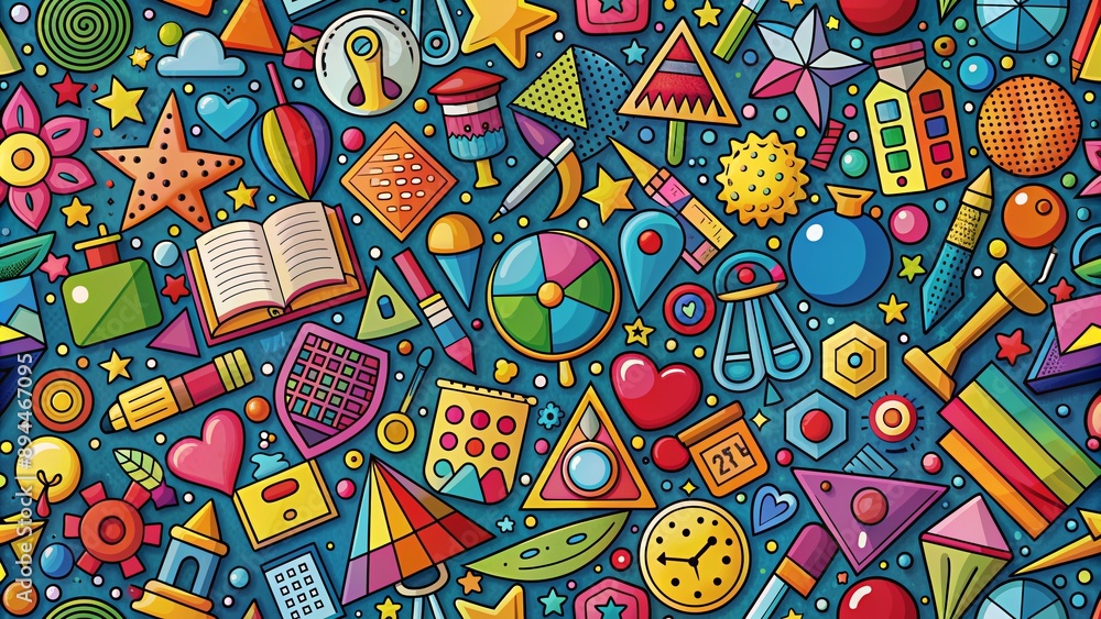 Vibrant back to school background explodes with colorful geometric shapes and symbols representing various academic subjects, conveying excitement and intellectual curiosity. Vibrant back to school background explodes with colorful geometric shapes and symbols representing various academic subjects, conveying excitement and intellectual curiosity.