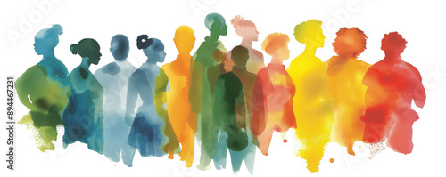 A vibrant watercolor painting of a diverse group of people standing together, showcasing unity and diversity through colorful, abstract silhouettes photo