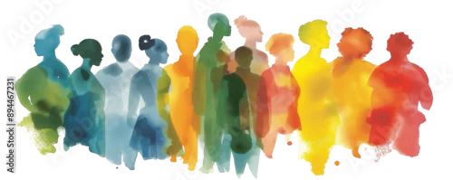 Panel kuchenny z motywem A vibrant watercolor painting of a diverse group of people standing together, showcasing unity and diversity through colorful, abstract silhouettes