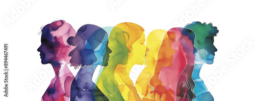 A vibrant watercolor painting featuring profiles of diverse individuals in various colors, showcasing diversity and unity in a creative and artistic manner