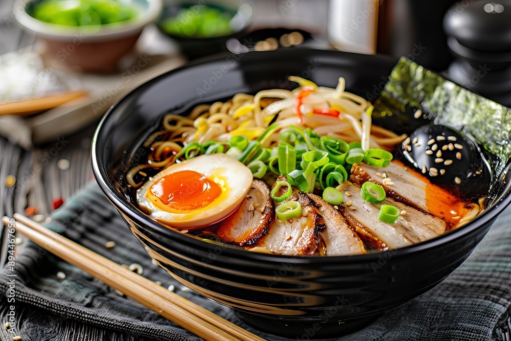 Close up of black bowl of ramen with pork, egg, and green onions Close up of black bowl of ramen with pork, egg, and green onions