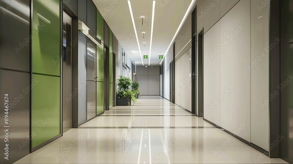 Minimalist hallway with green accents and modern lighting Minimalist hallway with green accents and modern lighting