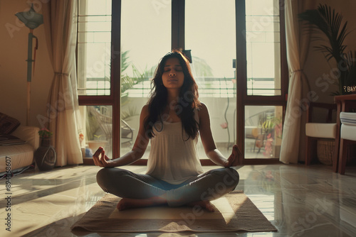 young indian woman doing yoga at home