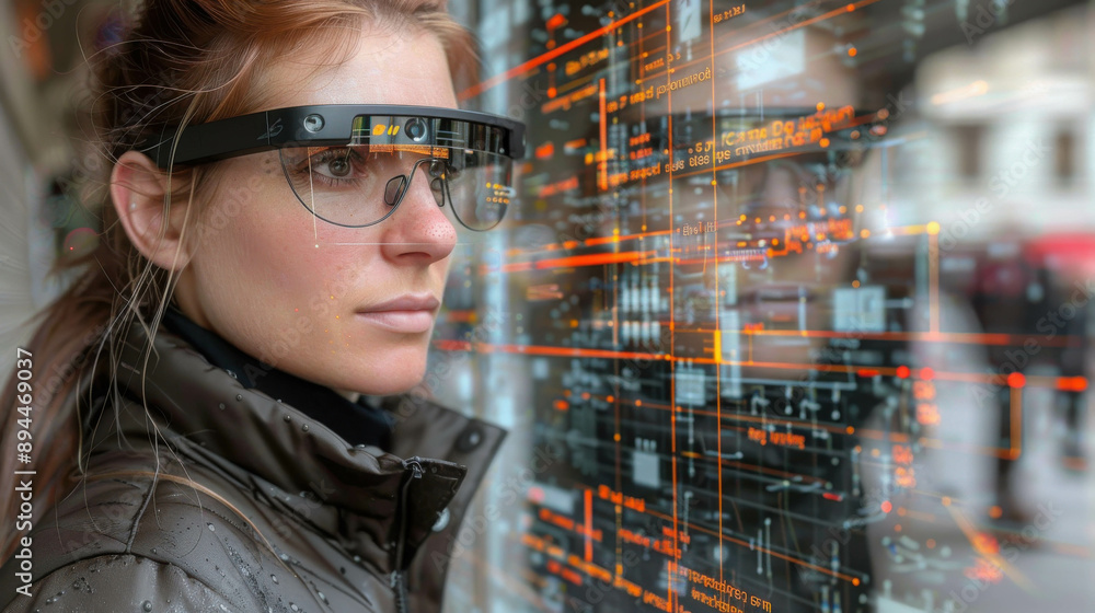 Close-up of a person wearing augmented reality glasses displaying digital interfaces, set in a blurred, futuristic urban environment. Close-up of a person wearing augmented reality glasses displaying digital interfaces, set in a blurred, futuristic urban environment.