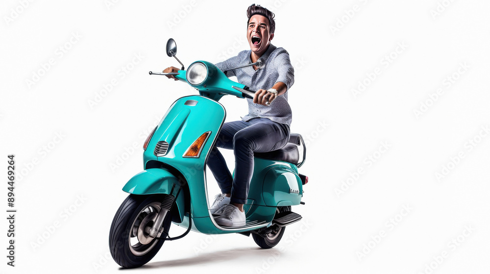 young indian man riding scooter on white background young indian man riding scooter on white background