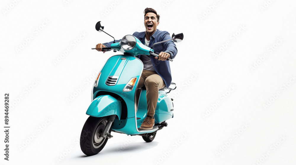 young indian man riding scooter on white background young indian man riding scooter on white background