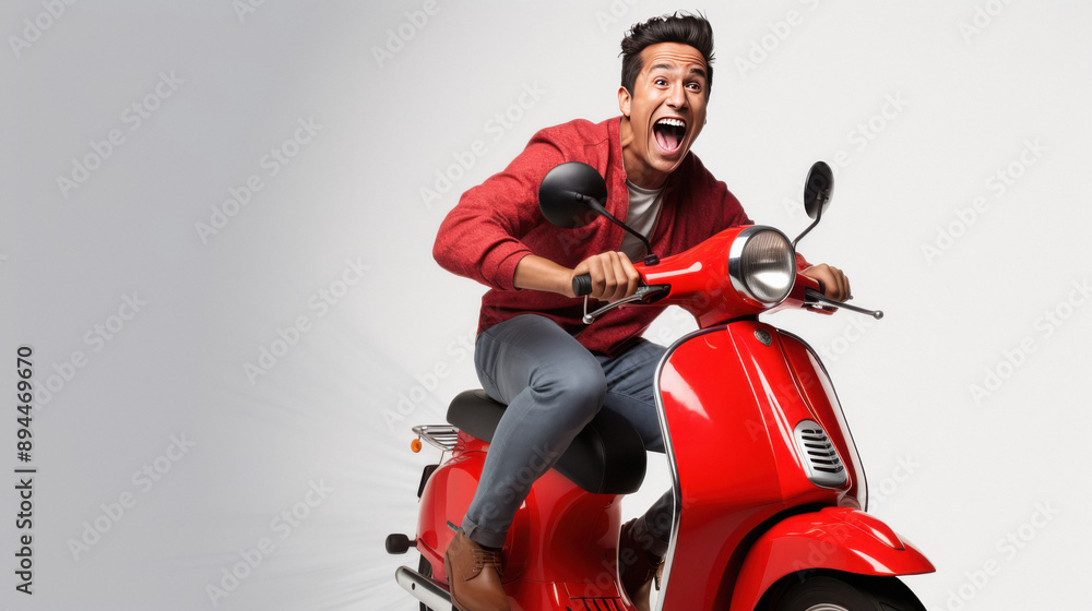 young indian man riding scooter on white background young indian man riding scooter on white background