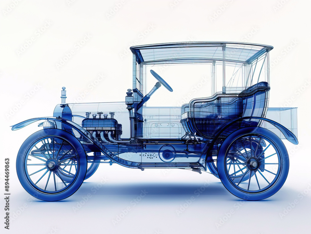 Car 1900s visualization with augmented reality Transparent car in studio drawing in blue colors. Car 1900s visualization with augmented reality Transparent car in studio drawing in blue colors.