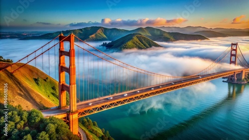 Vibrant orange suspension bridge stretches majestically across calm blue waters, surrounded by lush green hills and foggy mist, under a bright blue morning sky. photo