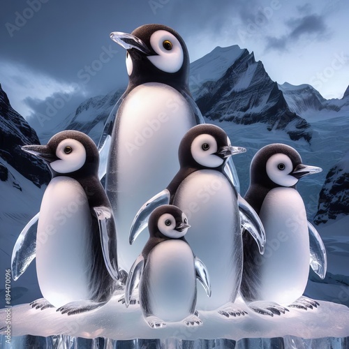 69 116. Ice Sculpture Penguin Family_ A family of penguins carve photo