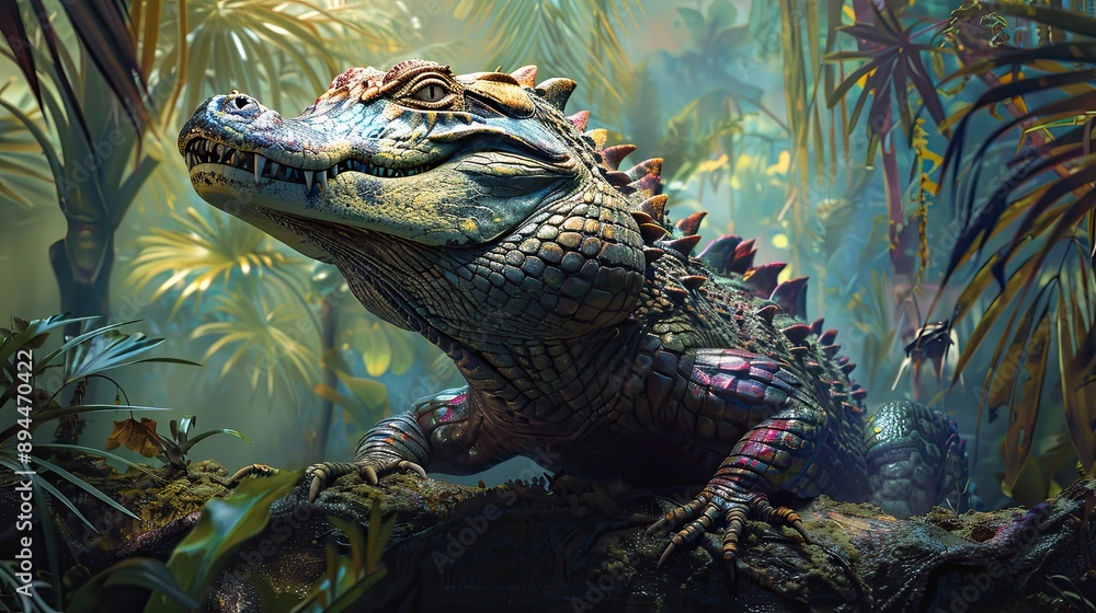 A majestic crocodile basking in a lush tropical forest, surrounded by vibrant greenery and serene nature, with a powerful and imposing presence. A majestic crocodile basking in a lush tropical forest, surrounded by vibrant greenery and serene nature, with a powerful and imposing presence.