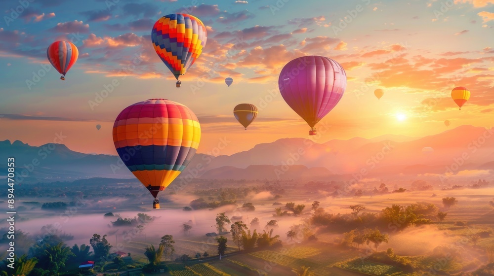 Obraz premium Hot air balloon in the sky above the forest landscape, place for nature travel