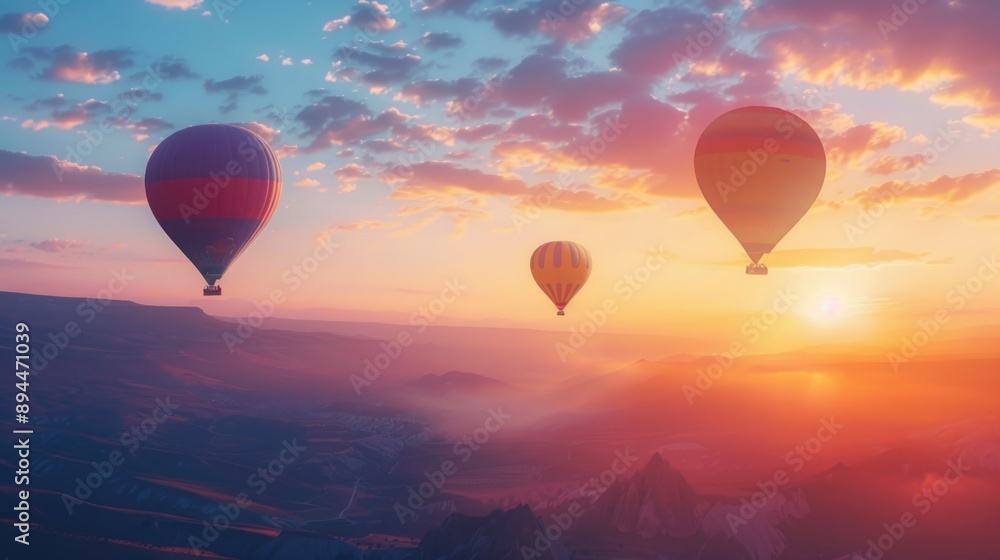 Colorful hot air balloons flying over the mountains