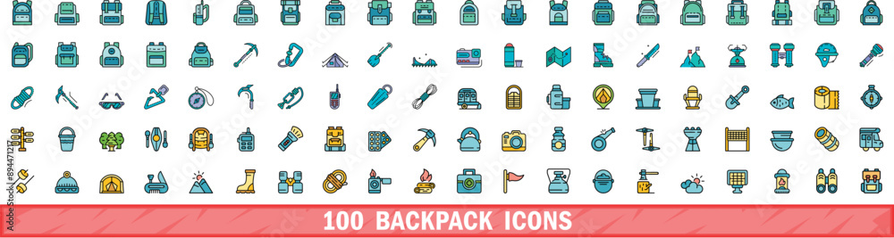 100 backpack icons set. Color line set of backpack vector icons thin line color flat on white 100 backpack icons set. Color line set of backpack vector icons thin line color flat on white