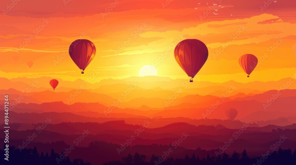 Naklejka premium Colorful hot air balloons flying over the mountains