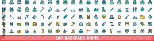 100 backpack icons set. Color line set of backpack vector icons thin line color flat on white