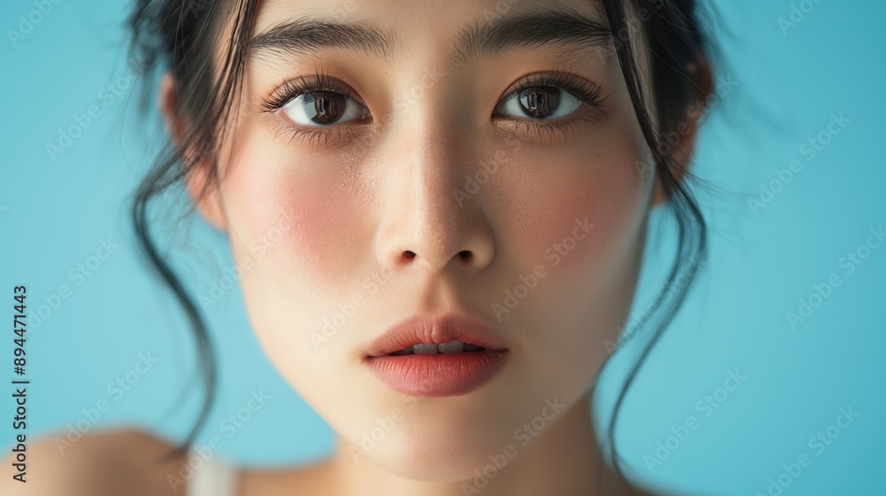 Close-Up of a Young Japanese Woman with Beautiful Skin Against a Blue Background Close-Up of a Young Japanese Woman with Beautiful Skin Against a Blue Background