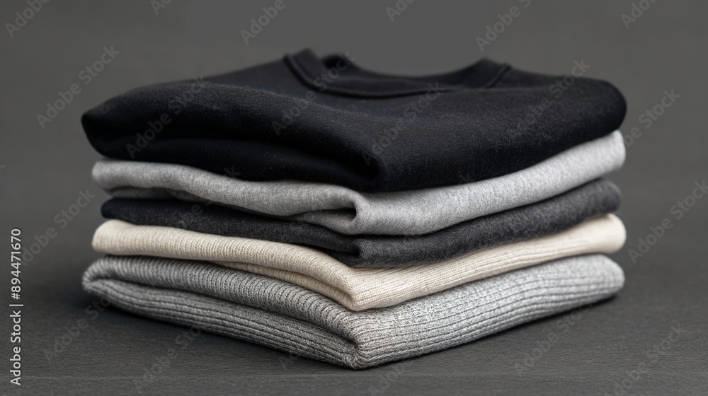Pile of Folded Blank Black, Grey, and White T-Shirts and Sweaters Pile of Folded Blank Black, Grey, and White T-Shirts and Sweaters