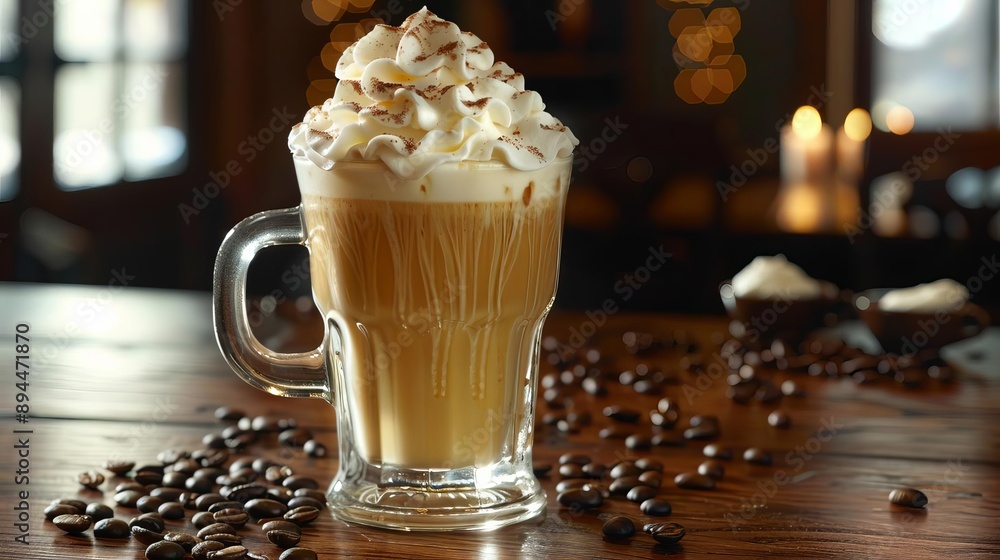 Photograph a clear, highdepth image of an Irish coffee with whipped cream and coffee beans, space for text Photograph a clear, highdepth image of an Irish coffee with whipped cream and coffee beans, space for text