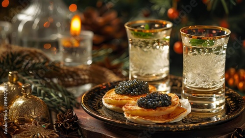 Create a detailed image of a Russian vodka shot with caviar and blini, space for text, clear and sharp