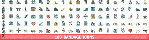100 bandage icons set. Color line set of bandage vector icons thin line color flat on white
