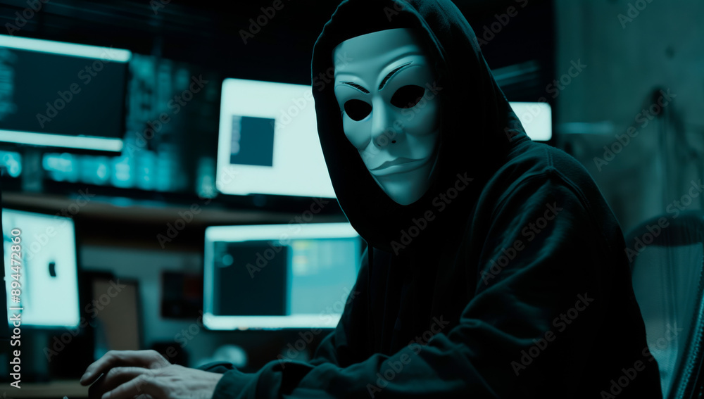 A masked hacker in a dark room, surrounded by computer screens, representing cybercrime and digital security threats.
A masked hacker in a dark room, surrounded by computer screens, representing cybercrime and digital security threats.
