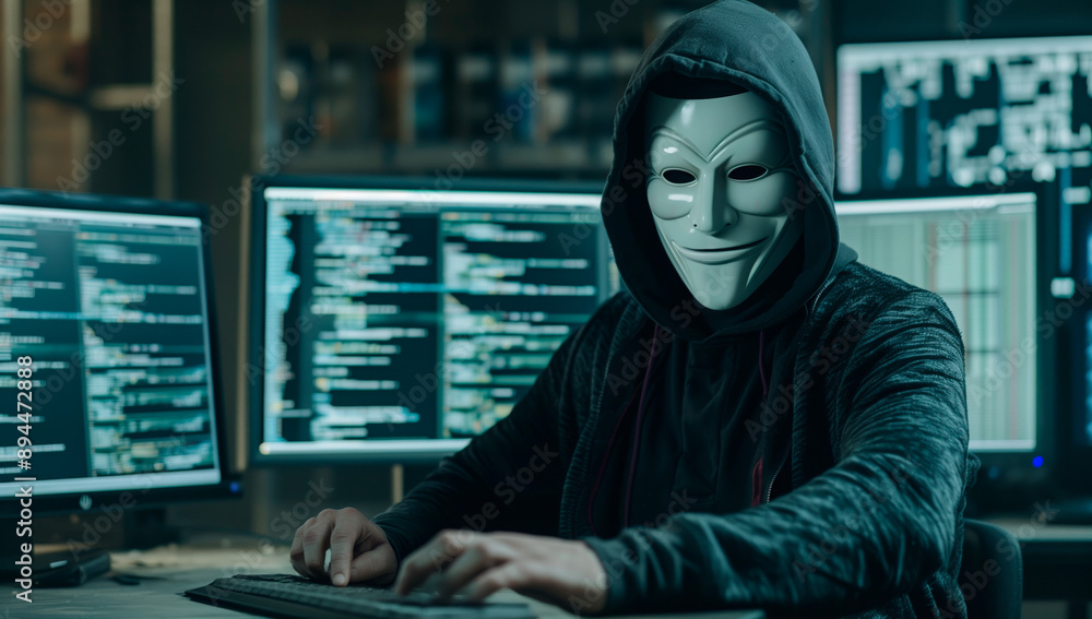 A masked hacker wearing a hoodie, typing on a keyboard in front of multiple computer screens filled with code, highlighting cyber threats.
A masked hacker wearing a hoodie, typing on a keyboard in front of multiple computer screens filled with code, highlighting cyber threats.