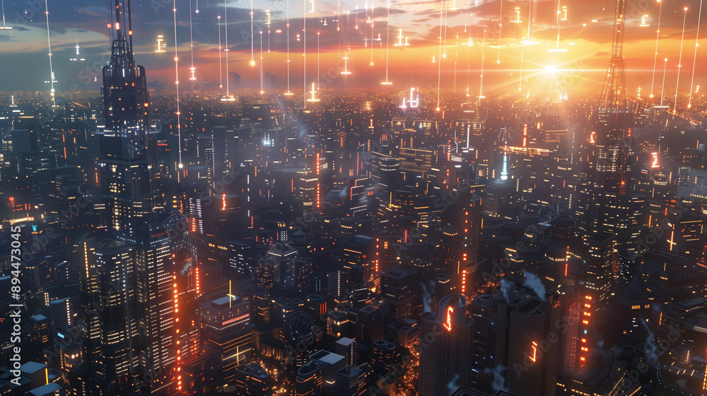 Futuristic cityscape with glowing digital elements at sunset. 3D render illustration. Cyberpunk and smart city concept for wallpaper, poster, and banner Futuristic cityscape with glowing digital elements at sunset. 3D render illustration. Cyberpunk and smart city concept for wallpaper, poster, and banner