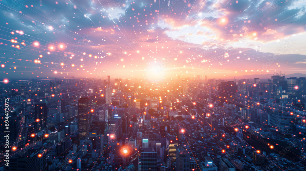 A vibrant sunset over a bustling cityscape, illuminated with digital connections and data points, symbolizing a connected future.
A vibrant sunset over a bustling cityscape, illuminated with digital connections and data points, symbolizing a connected future.