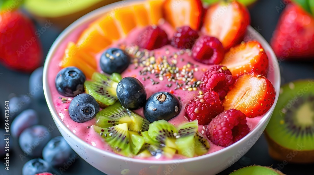 A vibrant smoothie bowl topped with an array of fresh fruits, showcasing a healthy and delicious breakfast A vibrant smoothie bowl topped with an array of fresh fruits, showcasing a healthy and delicious breakfast