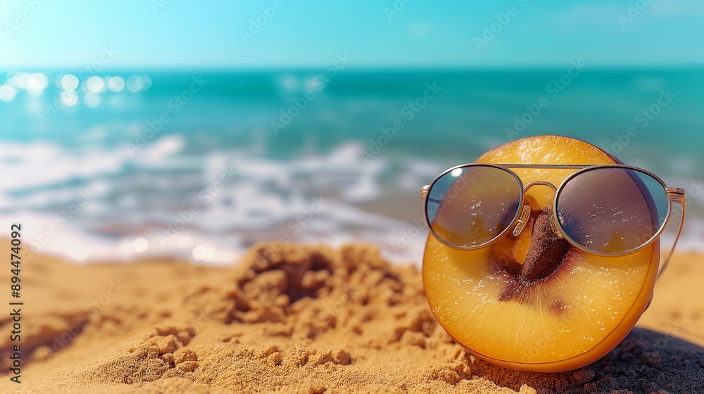 Naklejka premium A close-up of a sliced plum wearing stylish sunglasses, resting on a sandy beach with the vibrant blue sea and clear sky in the background, with gentle waves lapping at the shore.