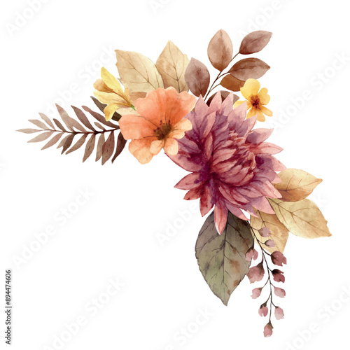 Autumn vector floral illustration clipart. Fall bouquet. Burnt orange, burgundy and terracotta flowers for rustic wedding design, greeting cards, thanksgiving decoration. Hand painted.