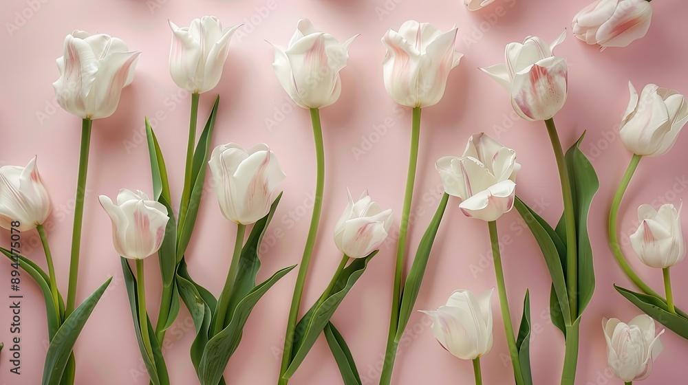Elegant tulip flowers laid out on a soft pink background Elegant tulip flowers laid out on a soft pink background