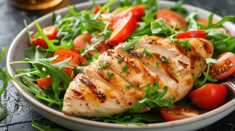 Fresh and nutritious dish featuring grilled chicken breast fillet and a colorful green salad with arugula Fresh and nutritious dish featuring grilled chicken breast fillet and a colorful green salad with arugula
