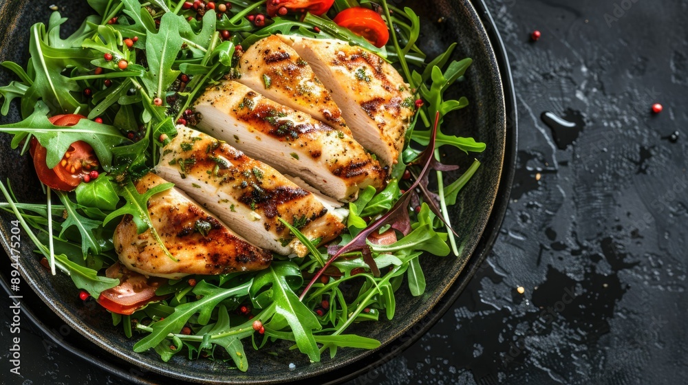 Fresh and nutritious dish featuring grilled chicken breast fillet and a colorful green salad with arugula Fresh and nutritious dish featuring grilled chicken breast fillet and a colorful green salad with arugula