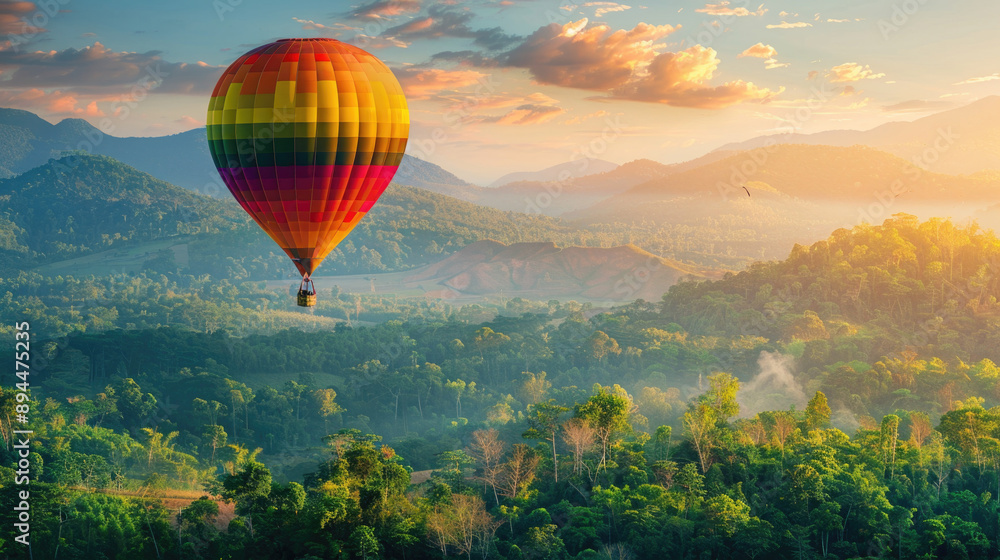 Naklejka premium Hot air balloon in the sky above the forest landscape, place for nature travel