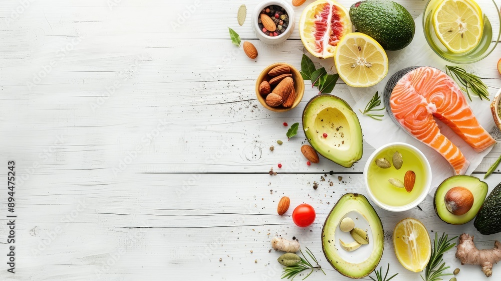 Fresh and nutritious meal with salmon, avocado, and a variety of healthy foods on a white wooden backdrop Fresh and nutritious meal with salmon, avocado, and a variety of healthy foods on a white wooden backdrop