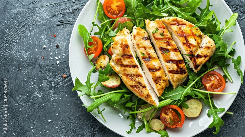 Grilled chicken breast fillet served with a fresh vegetable green salad and arugula on a white plate Grilled chicken breast fillet served with a fresh vegetable green salad and arugula on a white plate