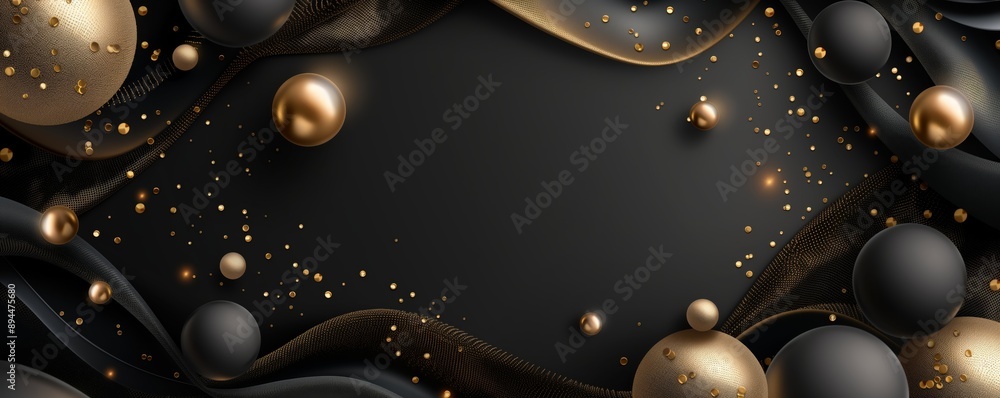 Obraz premium abstract elegance gold black background, gold ribbon and balls with glitter glow,