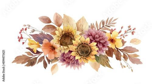 Watercolor vector autumn bouquet of sunflower, dahlia, branches and leaves. Orange, burgundy and earth tone flowers for rustic wedding design, greeting cards, thanksgiving decoration. Hand painted.
