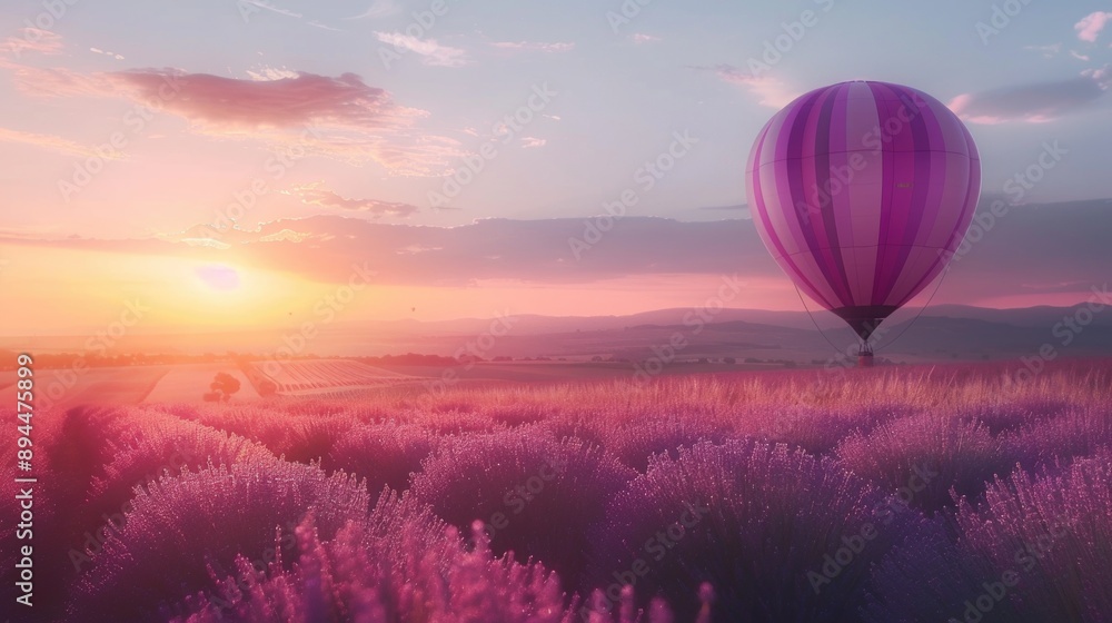 Obraz premium Hot air balloon in the sky over a lavender field, place for nature travel
