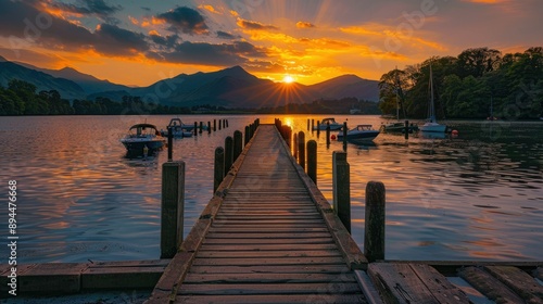 Sunset casting a warm glow over a pier with boats on a peaceful lake