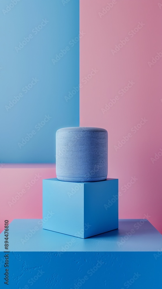 A blue and pink background with a gray object on top of a blue cube A blue and pink background with a gray object on top of a blue cube