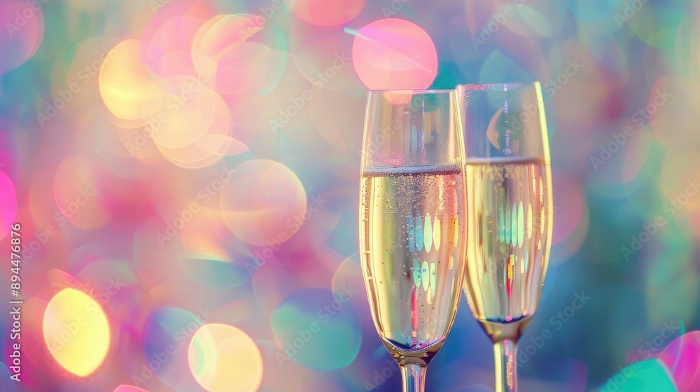 Two glasses of champagne clinking in celebration against a blurred background Two glasses of champagne clinking in celebration against a blurred background
