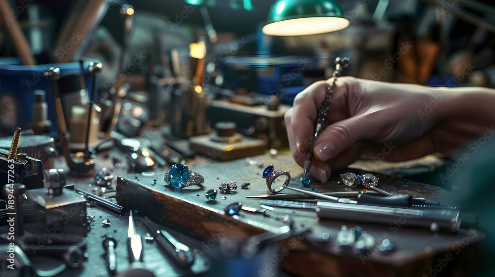 A master jeweler skillfully setting gems into a jewelry piece, with a focus on a sapphire diamond ring amidst a workshop laden with professional tools A master jeweler skillfully setting gems into a jewelry piece, with a focus on a sapphire diamond ring amidst a workshop laden with professional tools